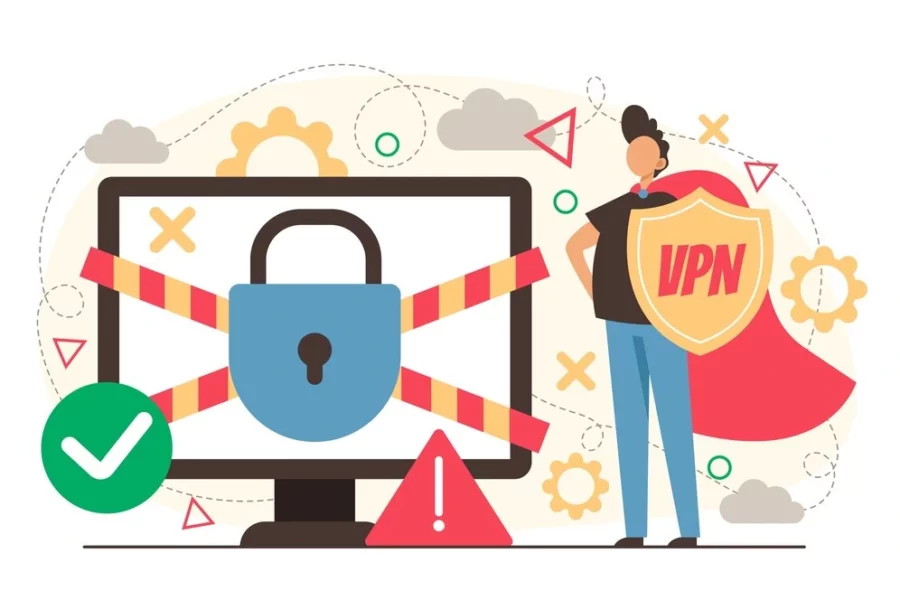 Illustration of a person holding a VPN shield next to a locked computer screen